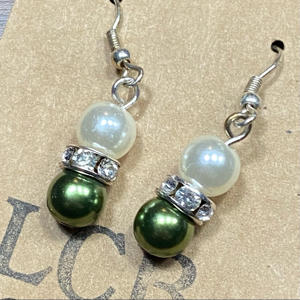 Green and White Crystal Beaded Drop Christmas Earrings